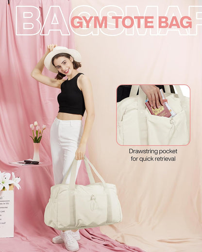 Foldable Travel Duffle Bag for Women, Gym Tote Bag for Sports, 26L Airport Carry On Weekender Overnight Bag for Travel, Travel Accessories(Beige)
