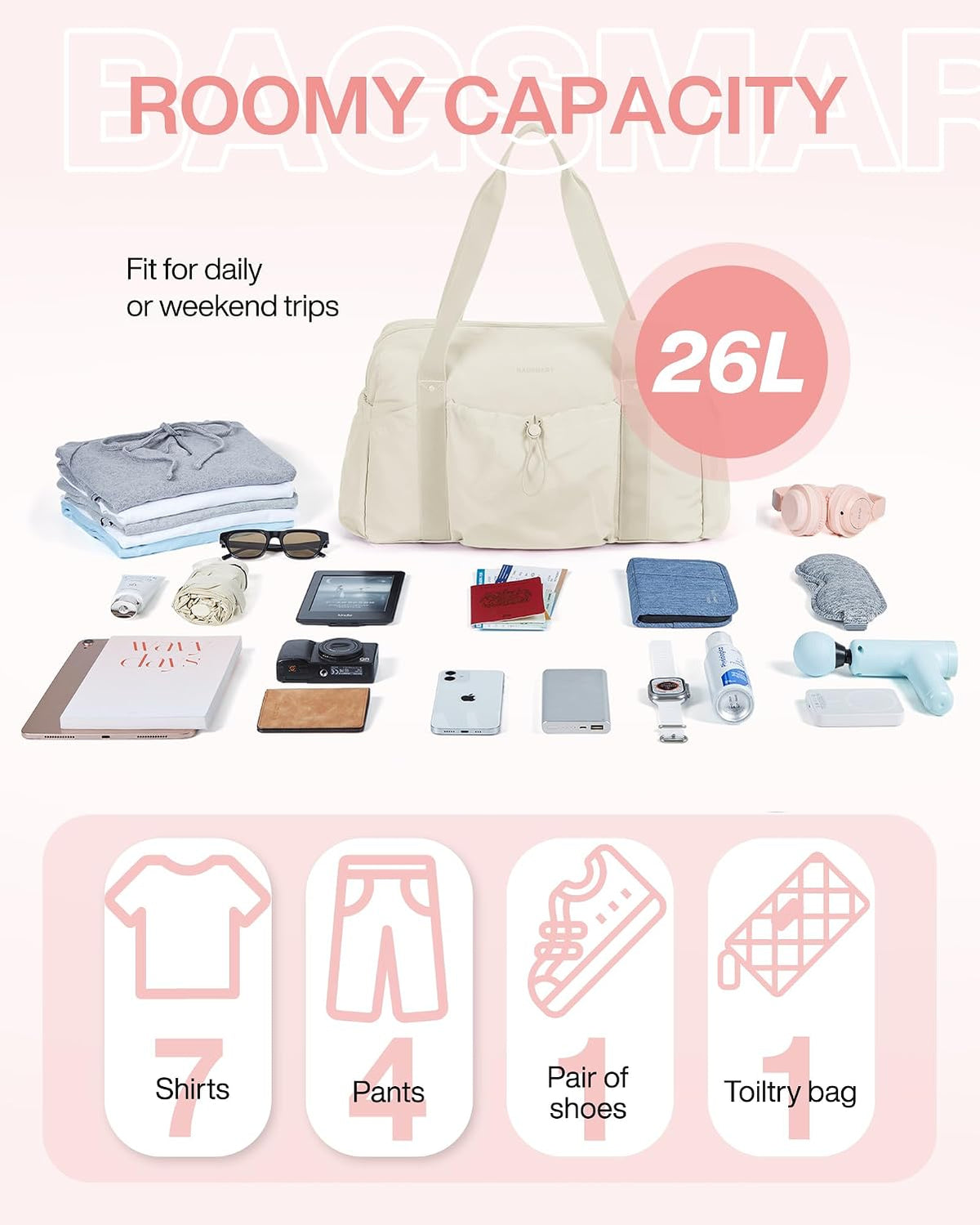 Foldable Travel Duffle Bag for Women, Gym Tote Bag for Sports, 26L Airport Carry On Weekender Overnight Bag for Travel, Travel Accessories(Beige)