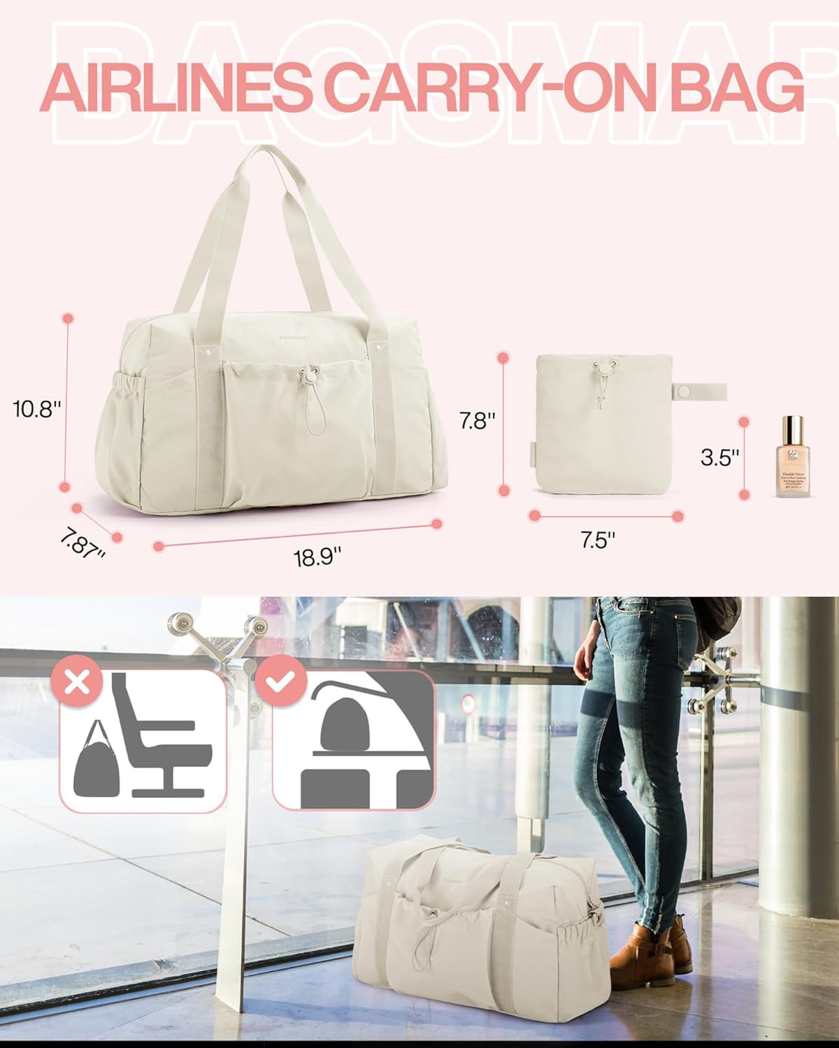 Foldable Travel Duffle Bag for Women, Gym Tote Bag for Sports, 26L Airport Carry On Weekender Overnight Bag for Travel, Travel Accessories(Beige)