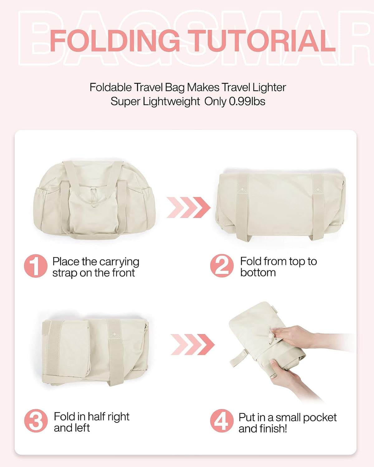 Foldable Travel Duffle Bag for Women, Gym Tote Bag for Sports, 26L Airport Carry On Weekender Overnight Bag for Travel, Travel Accessories(Beige)