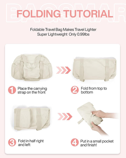 Foldable Travel Duffle Bag for Women, Gym Tote Bag for Sports, 26L Airport Carry On Weekender Overnight Bag for Travel, Travel Accessories(Beige)
