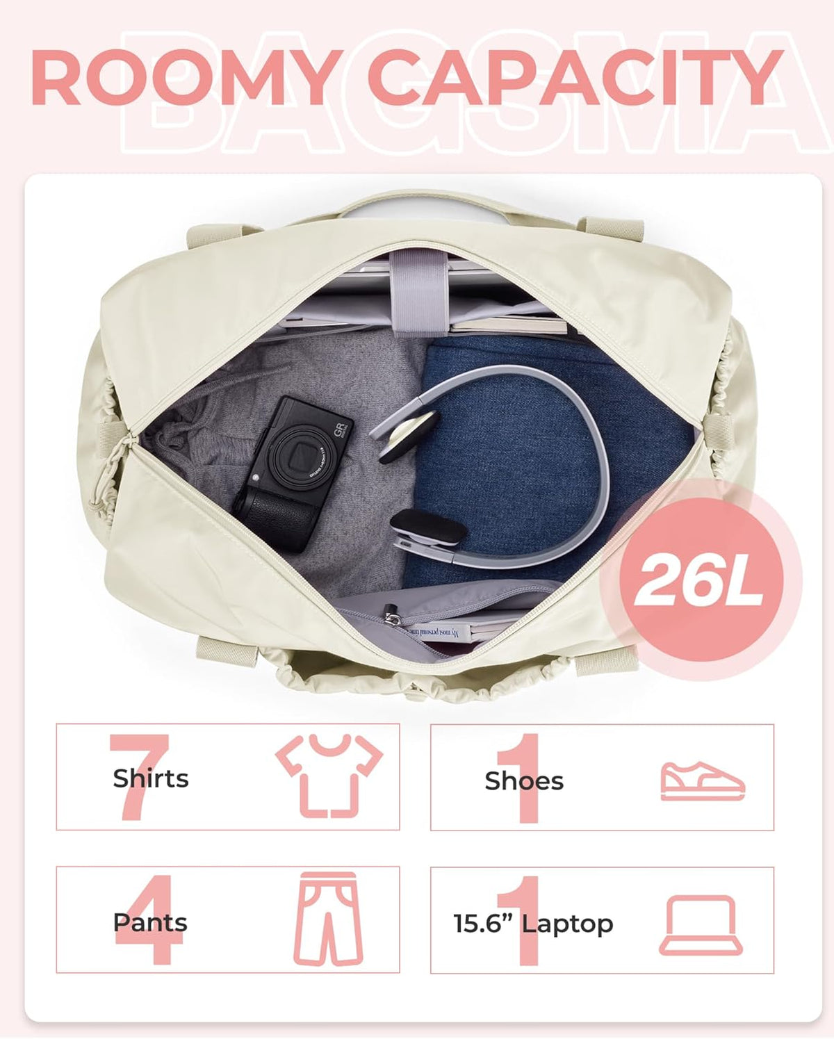Foldable Travel Duffle Bag for Women, Gym Tote Bag for Sports, 26L Airport Carry On Weekender Overnight Bag for Travel, Travel Accessories(Beige)
