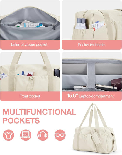 Foldable Travel Duffle Bag for Women, Gym Tote Bag for Sports, 26L Airport Carry On Weekender Overnight Bag for Travel, Travel Accessories(Beige)