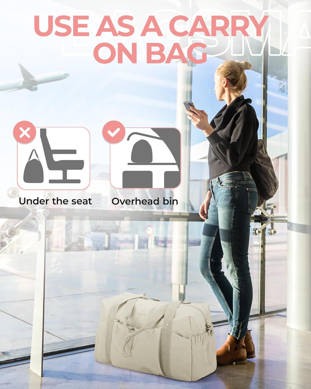 Foldable Travel Duffle Bag for Women, Gym Tote Bag for Sports, 26L Airport Carry On Weekender Overnight Bag for Travel, Travel Accessories(Beige)