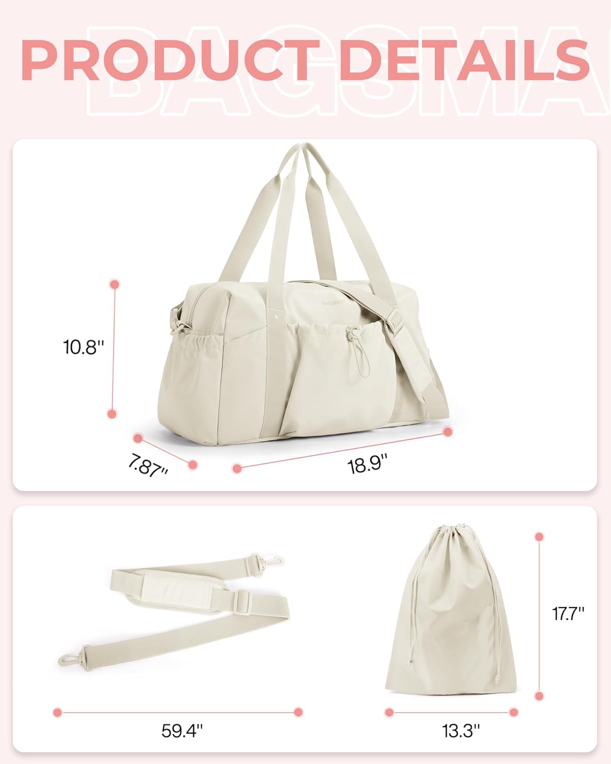 Foldable Travel Duffle Bag for Women, Gym Tote Bag for Sports, 26L Airport Carry On Weekender Overnight Bag for Travel, Travel Accessories(Beige)