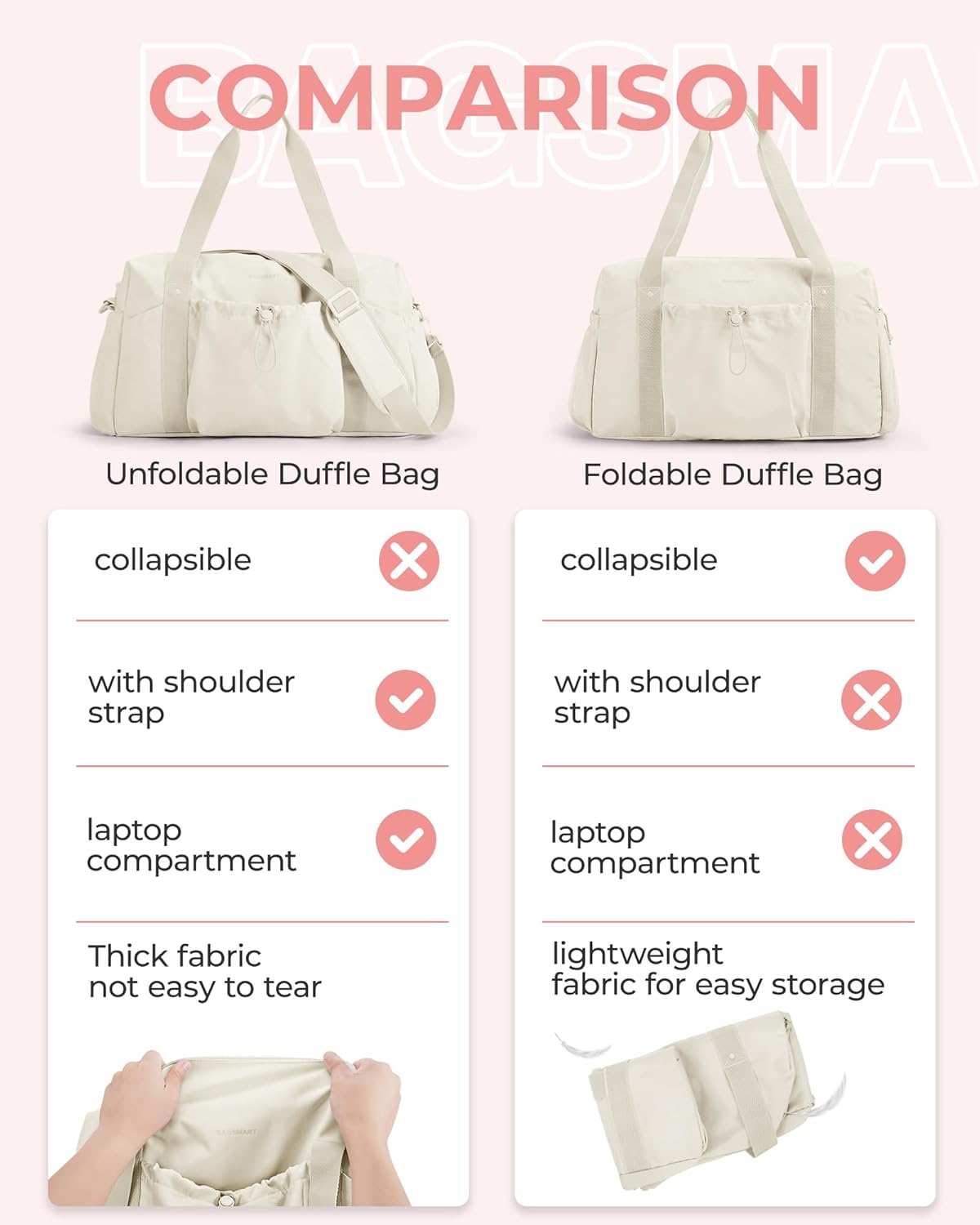Foldable Travel Duffle Bag for Women, Gym Tote Bag for Sports, 26L Airport Carry On Weekender Overnight Bag for Travel, Travel Accessories(Beige)
