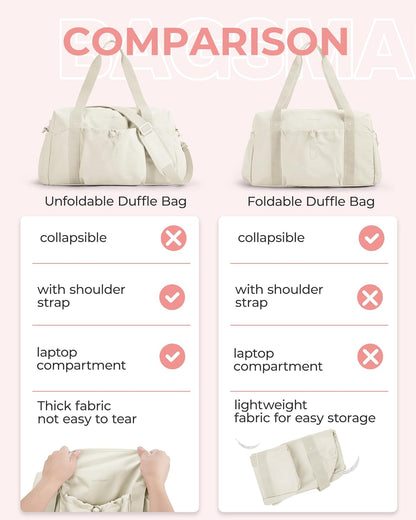 Foldable Travel Duffle Bag for Women, Gym Tote Bag for Sports, 26L Airport Carry On Weekender Overnight Bag for Travel, Travel Accessories(Beige)