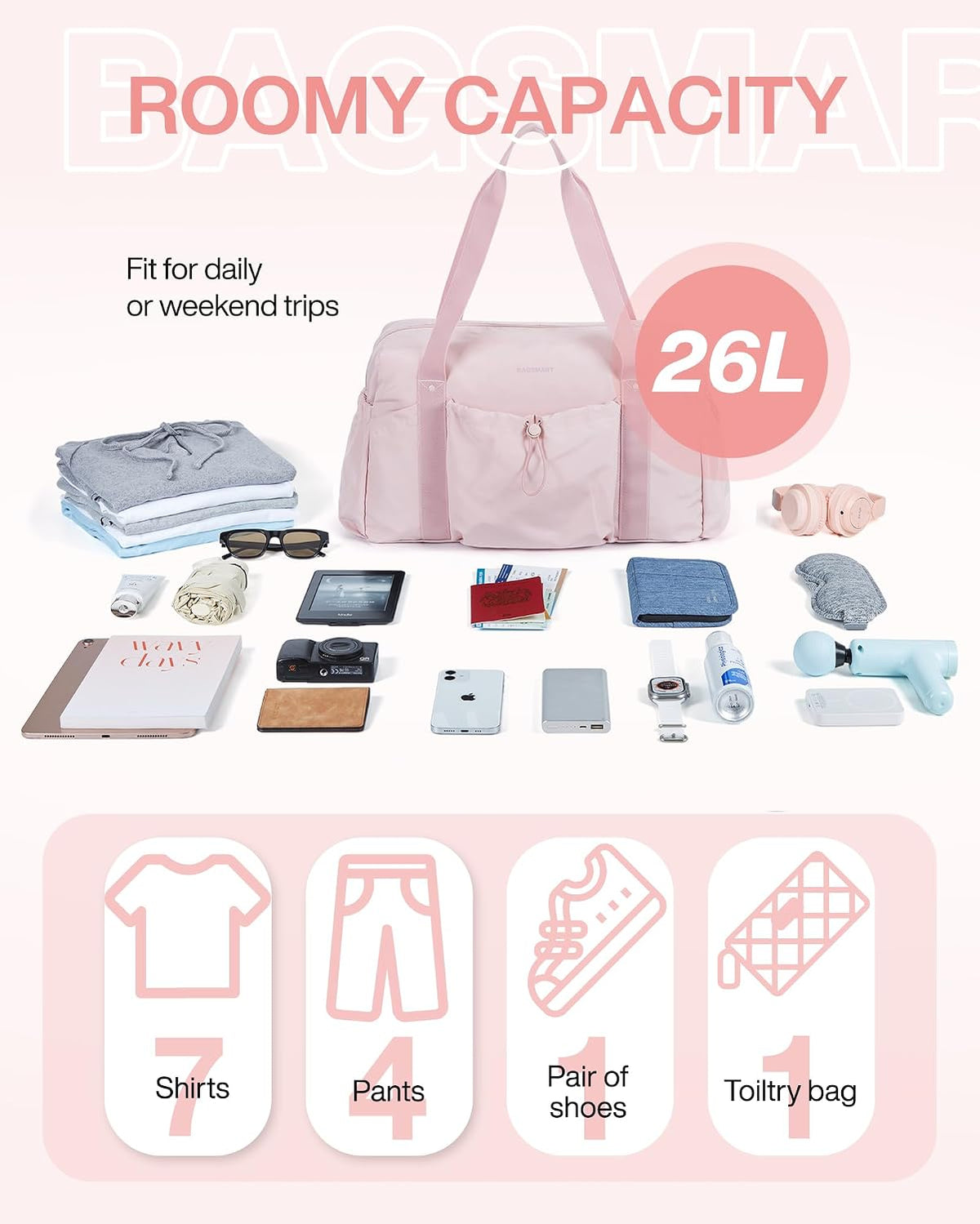 Foldable Travel Duffle Bag for Women, Gym Tote Bag for Sports, 26L Airport Carry On Weekender Overnight Bag for Travel, Travel Accessories(Beige)