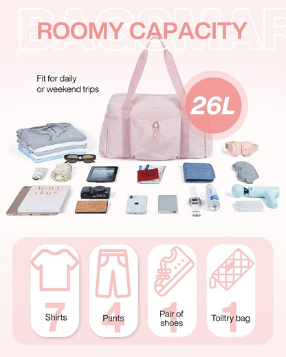 Foldable Travel Duffle Bag for Women, Gym Tote Bag for Sports, 26L Airport Carry On Weekender Overnight Bag for Travel, Travel Accessories(Beige)