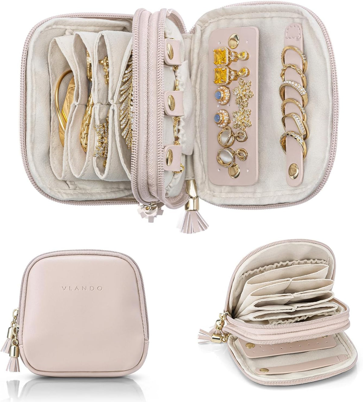 2-Layer Travel Jewelry Case for Necklaces,Rings,Earrings | Storage with Velvet Lining,Keeps Small Jewelry Separated for Travel,Carry-On Totes,Daily Use,Toffee