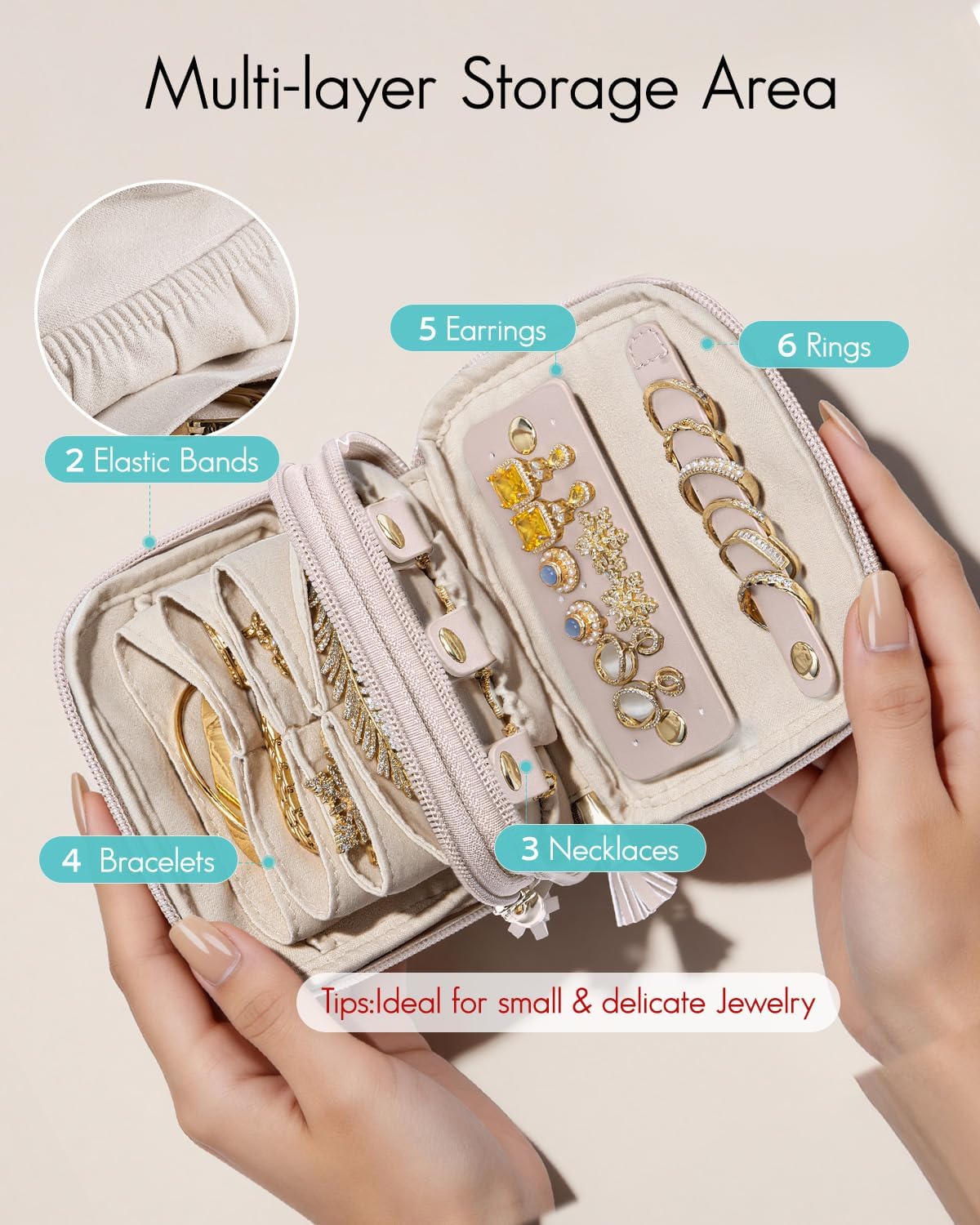 2-Layer Travel Jewelry Case for Necklaces,Rings,Earrings | Storage with Velvet Lining,Keeps Small Jewelry Separated for Travel,Carry-On Totes,Daily Use,Toffee
