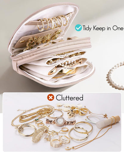 2-Layer Travel Jewelry Case for Necklaces,Rings,Earrings | Storage with Velvet Lining,Keeps Small Jewelry Separated for Travel,Carry-On Totes,Daily Use,Toffee
