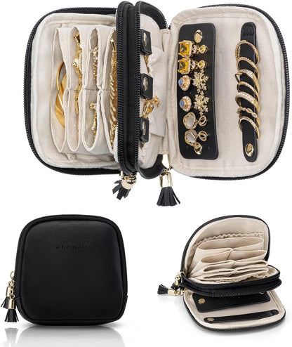 2-Layer Travel Jewelry Case for Necklaces,Rings,Earrings | Storage with Velvet Lining,Keeps Small Jewelry Separated for Travel,Carry-On Totes,Daily Use,Toffee