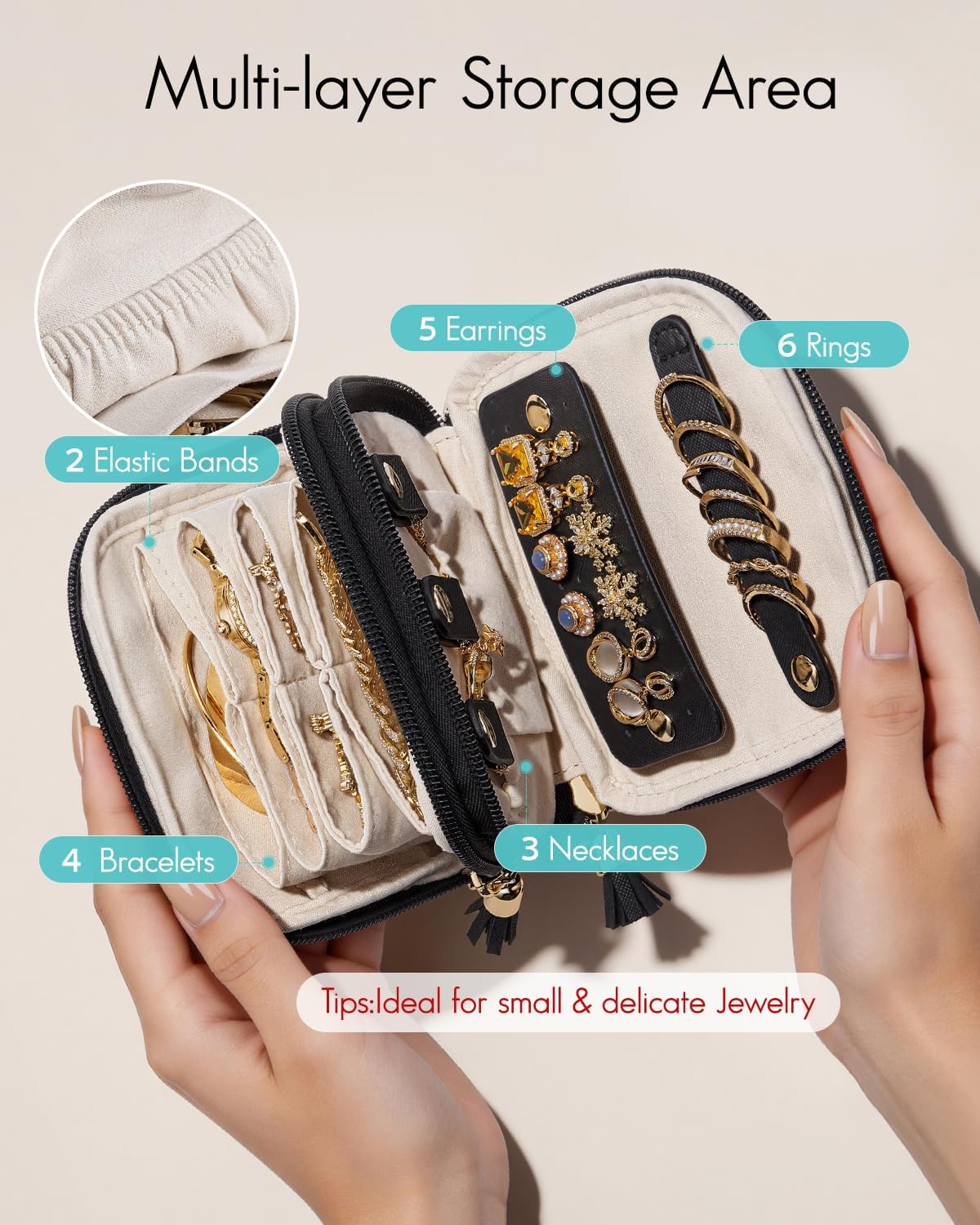 2-Layer Travel Jewelry Case for Necklaces,Rings,Earrings | Storage with Velvet Lining,Keeps Small Jewelry Separated for Travel,Carry-On Totes,Daily Use,Toffee