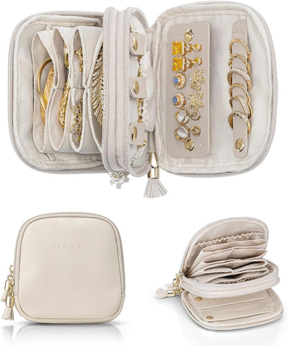 2-Layer Travel Jewelry Case for Necklaces,Rings,Earrings | Storage with Velvet Lining,Keeps Small Jewelry Separated for Travel,Carry-On Totes,Daily Use,Toffee