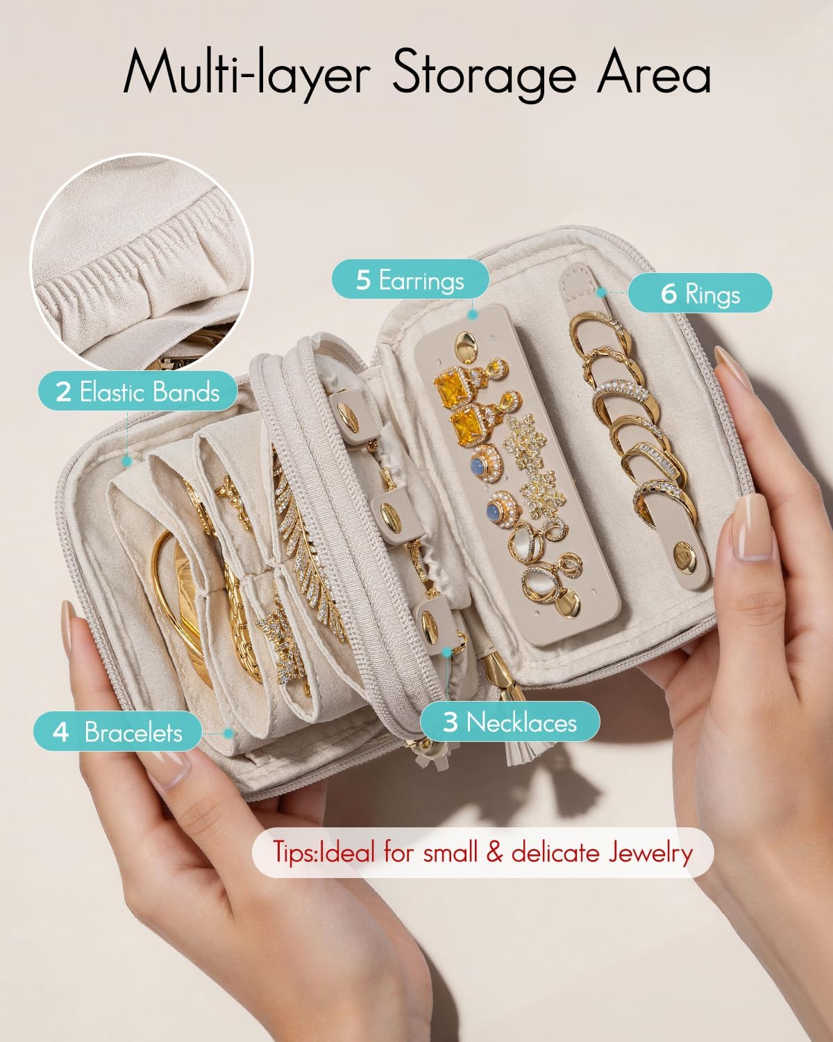 2-Layer Travel Jewelry Case for Necklaces,Rings,Earrings | Storage with Velvet Lining,Keeps Small Jewelry Separated for Travel,Carry-On Totes,Daily Use,Toffee