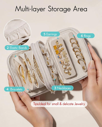 2-Layer Travel Jewelry Case for Necklaces,Rings,Earrings | Storage with Velvet Lining,Keeps Small Jewelry Separated for Travel,Carry-On Totes,Daily Use,Toffee