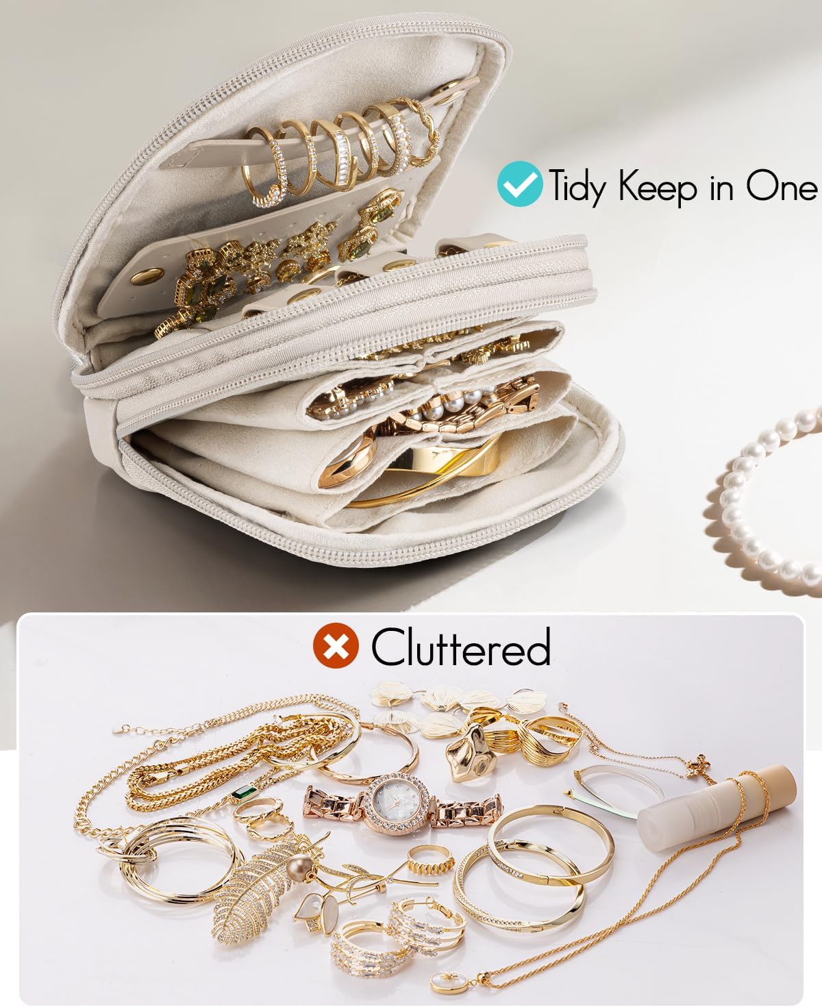 2-Layer Travel Jewelry Case for Necklaces,Rings,Earrings | Storage with Velvet Lining,Keeps Small Jewelry Separated for Travel,Carry-On Totes,Daily Use,Toffee