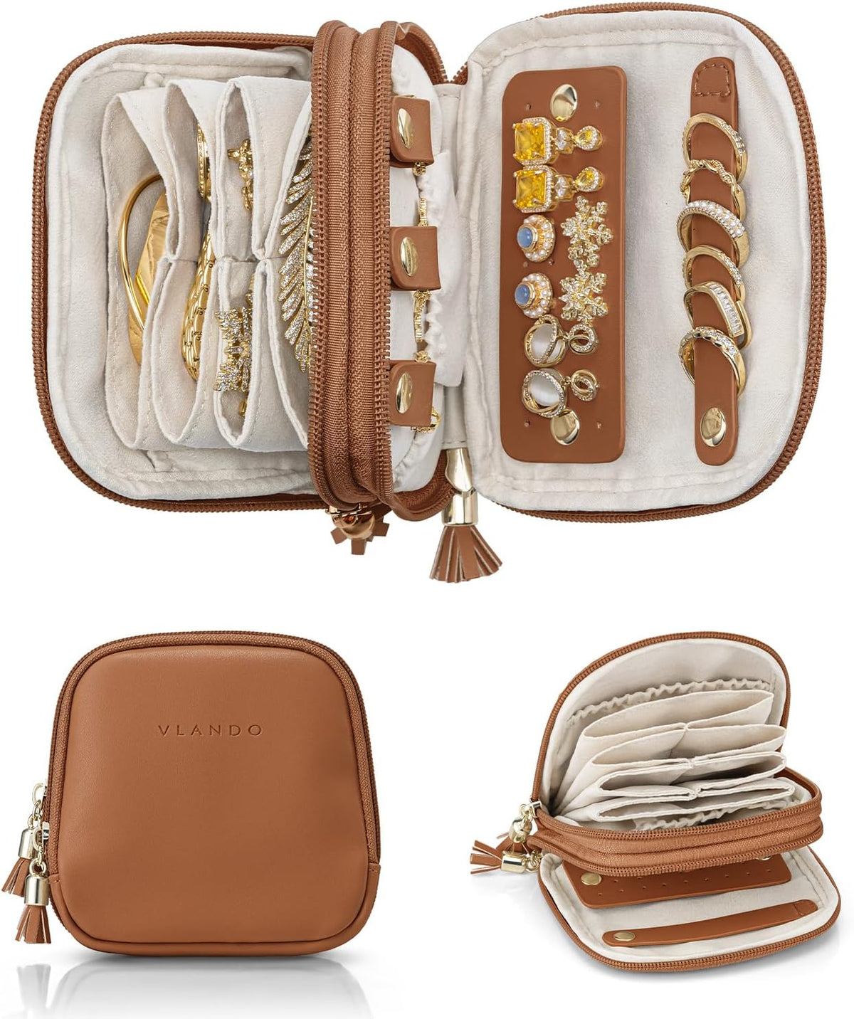 2-Layer Travel Jewelry Case for Necklaces,Rings,Earrings | Storage with Velvet Lining,Keeps Small Jewelry Separated for Travel,Carry-On Totes,Daily Use,Toffee
