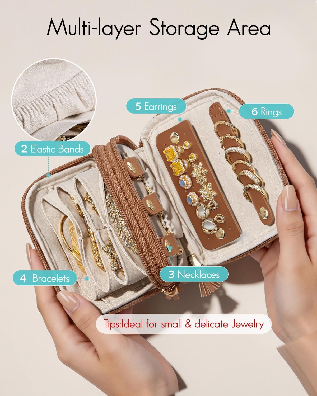 2-Layer Travel Jewelry Case for Necklaces,Rings,Earrings | Storage with Velvet Lining,Keeps Small Jewelry Separated for Travel,Carry-On Totes,Daily Use,Toffee