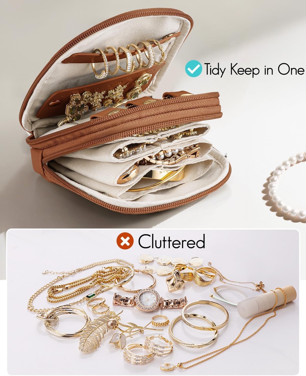 2-Layer Travel Jewelry Case for Necklaces,Rings,Earrings | Storage with Velvet Lining,Keeps Small Jewelry Separated for Travel,Carry-On Totes,Daily Use,Toffee