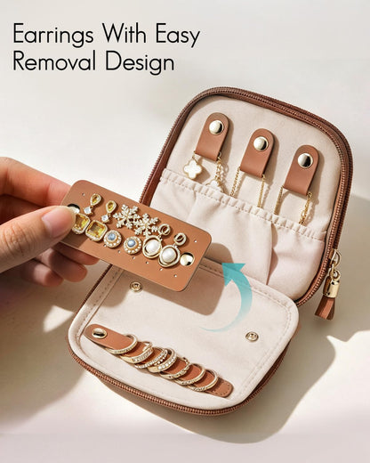 2-Layer Travel Jewelry Case for Necklaces,Rings,Earrings | Storage with Velvet Lining,Keeps Small Jewelry Separated for Travel,Carry-On Totes,Daily Use,Toffee