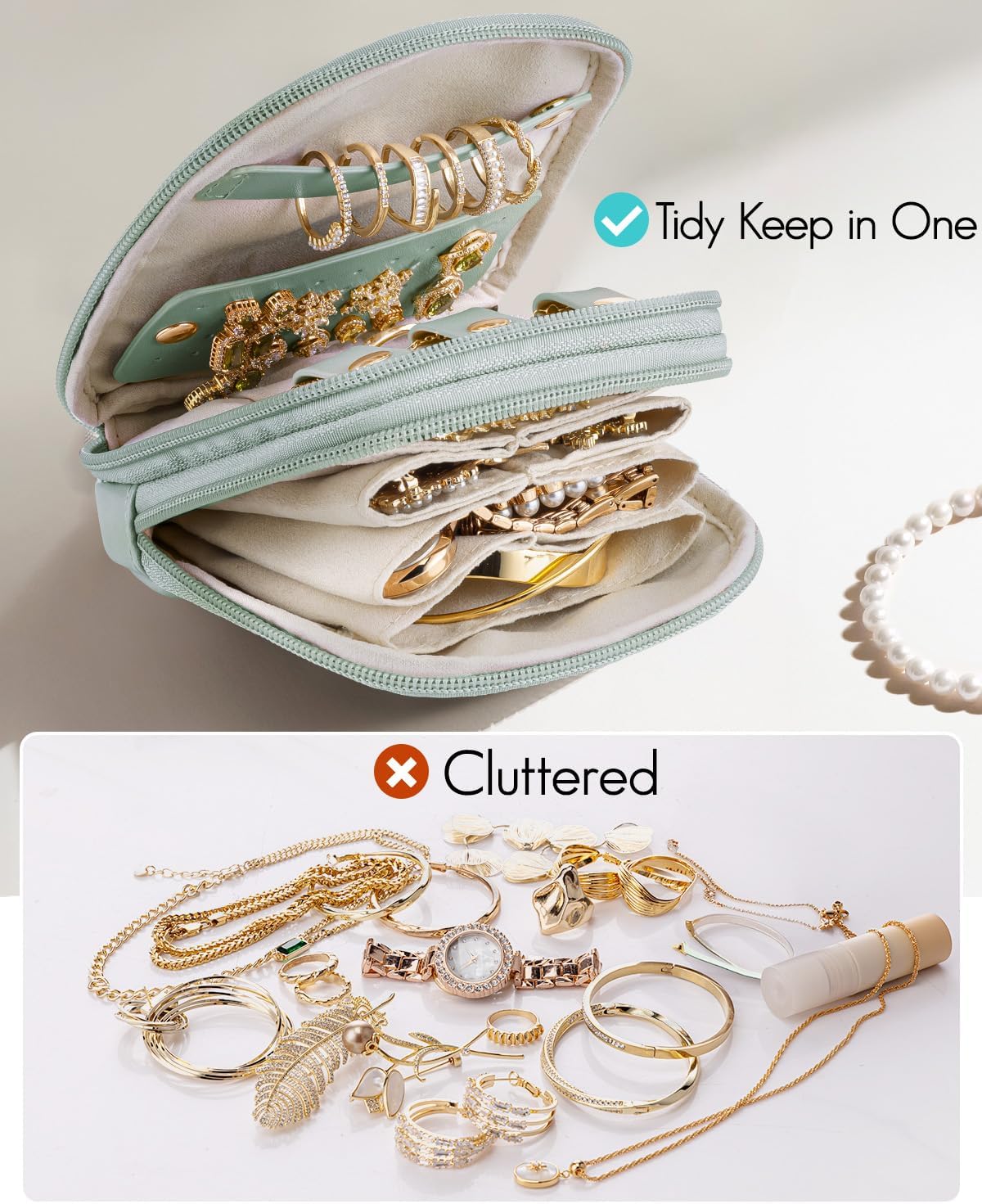 2-Layer Travel Jewelry Case for Necklaces,Rings,Earrings | Storage with Velvet Lining,Keeps Small Jewelry Separated for Travel,Carry-On Totes,Daily Use,Toffee