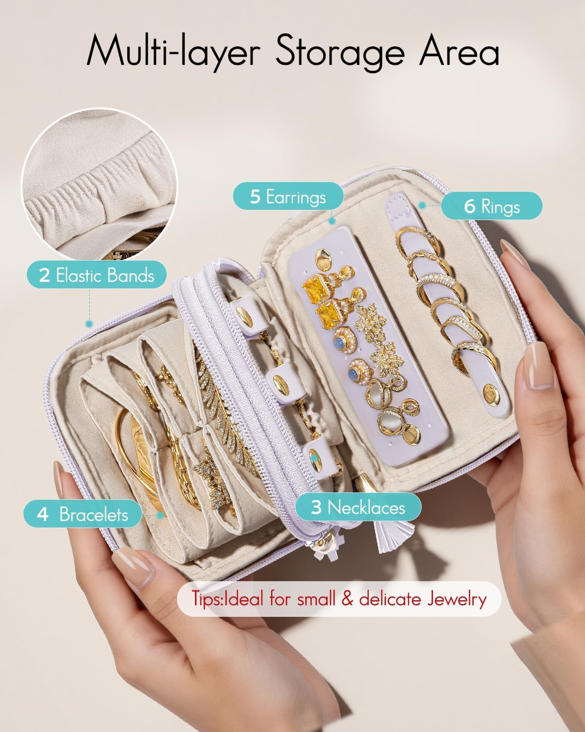 2-Layer Travel Jewelry Case for Necklaces,Rings,Earrings | Storage with Velvet Lining,Keeps Small Jewelry Separated for Travel,Carry-On Totes,Daily Use,Toffee