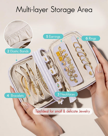 2-Layer Travel Jewelry Case for Necklaces,Rings,Earrings | Storage with Velvet Lining,Keeps Small Jewelry Separated for Travel,Carry-On Totes,Daily Use,Toffee