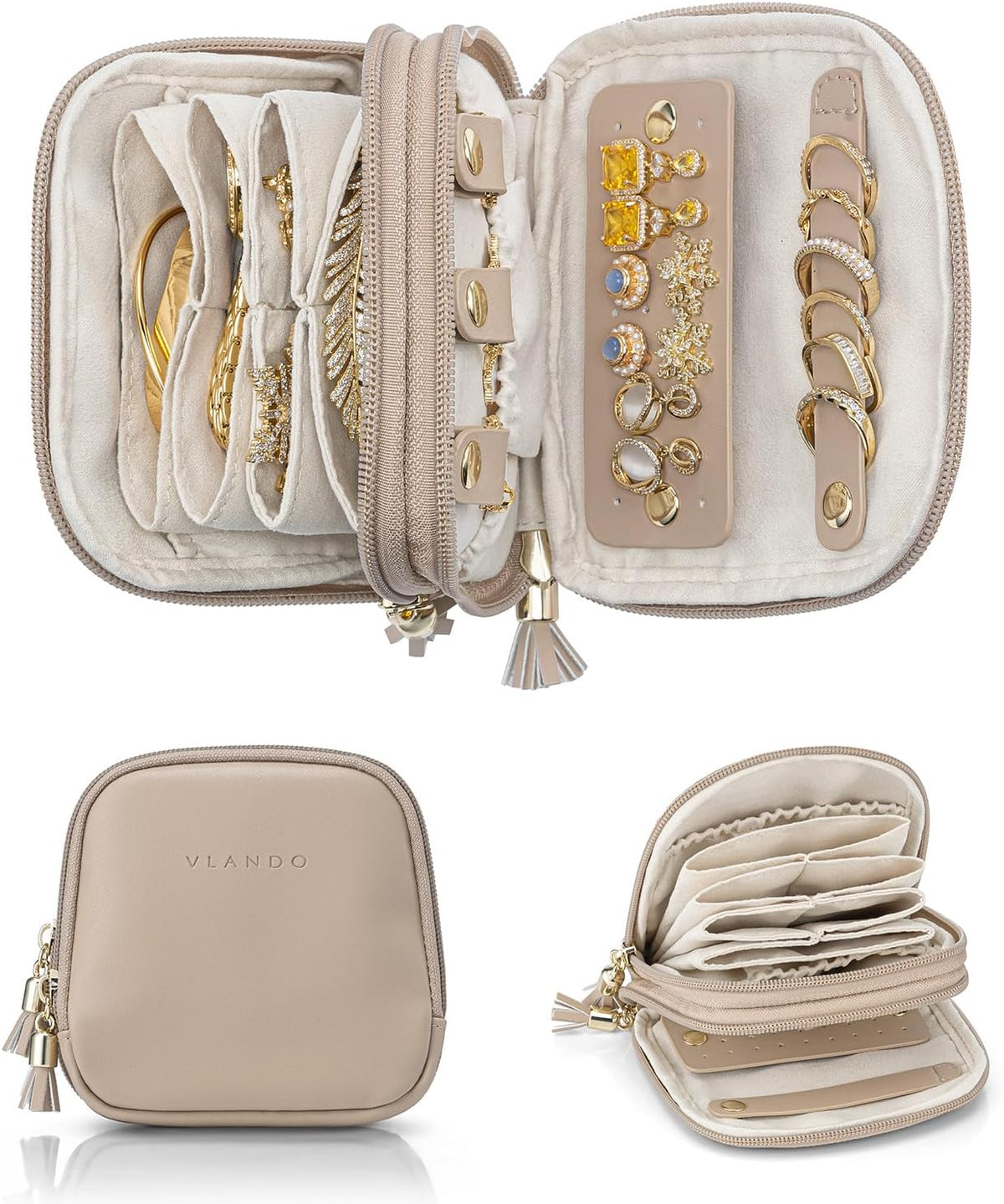 2-Layer Travel Jewelry Case for Necklaces,Rings,Earrings | Storage with Velvet Lining,Keeps Small Jewelry Separated for Travel,Carry-On Totes,Daily Use,Toffee