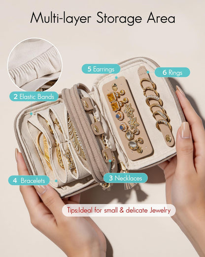 2-Layer Travel Jewelry Case for Necklaces,Rings,Earrings | Storage with Velvet Lining,Keeps Small Jewelry Separated for Travel,Carry-On Totes,Daily Use,Toffee