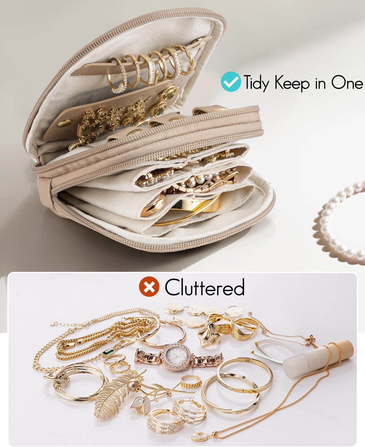 2-Layer Travel Jewelry Case for Necklaces,Rings,Earrings | Storage with Velvet Lining,Keeps Small Jewelry Separated for Travel,Carry-On Totes,Daily Use,Toffee