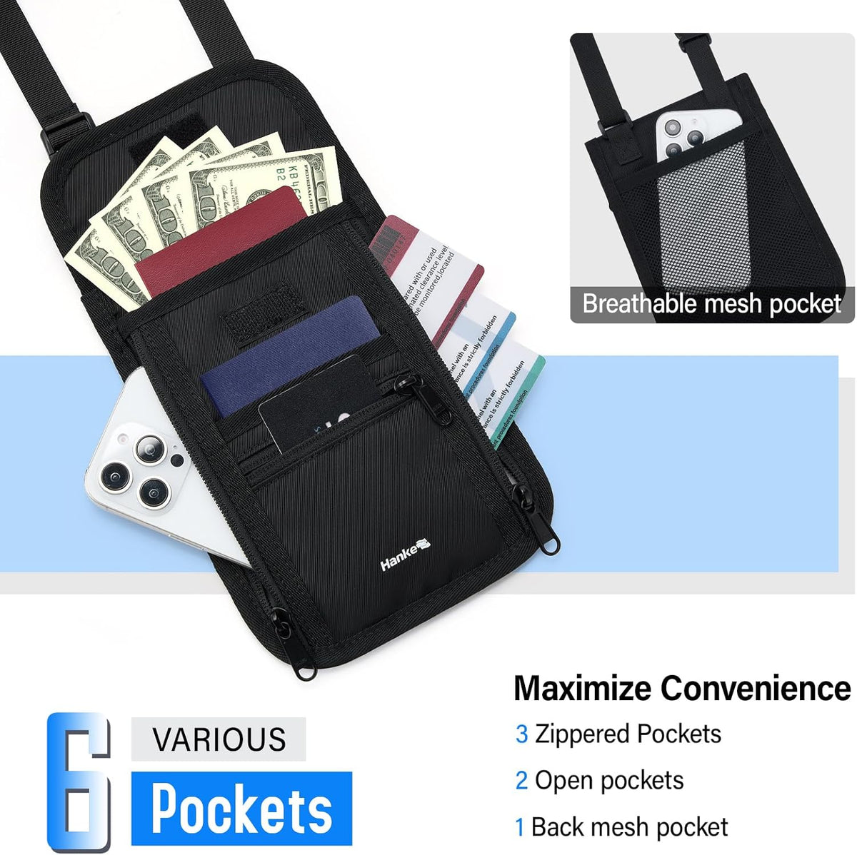 Passport Holder, Travel Wallet for Womens and Men, Neck Wallet Hidden Passport Pouch for Travel Adjustable Lightweight Thin with 6 compartments (Black)