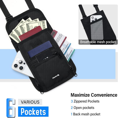 Passport Holder, Travel Wallet for Womens and Men, Neck Wallet Hidden Passport Pouch for Travel Adjustable Lightweight Thin with 6 compartments (Black)
