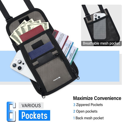 Passport Holder, Travel Wallet for Womens and Men, Neck Wallet Hidden Passport Pouch for Travel Adjustable Lightweight Thin with 6 compartments (Black)