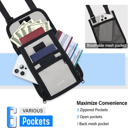 Passport Holder, Travel Wallet for Womens and Men, Neck Wallet Hidden Passport Pouch for Travel Adjustable Lightweight Thin with 6 compartments (Black)