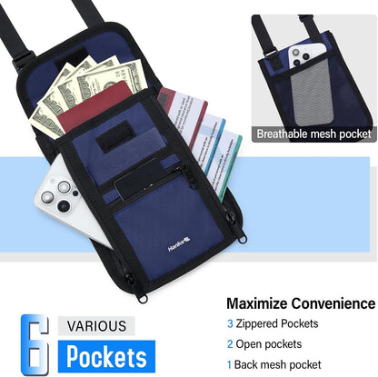 Passport Holder, Travel Wallet for Womens and Men, Neck Wallet Hidden Passport Pouch for Travel Adjustable Lightweight Thin with 6 compartments (Black)