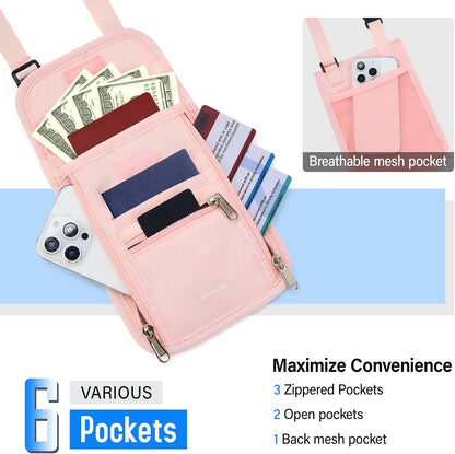 Passport Holder, Travel Wallet for Womens and Men, Neck Wallet Hidden Passport Pouch for Travel Adjustable Lightweight Thin with 6 compartments (Black)