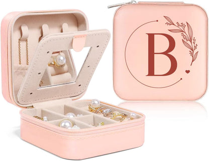 Personalized Jewelry Box, Pink Travel Jewelry Box with Initial M, Small Monogrammed Jewelry Case Organizer for Girls Women Teen Kids, Mini Travel Essentials Gifts for Birthday Christmas