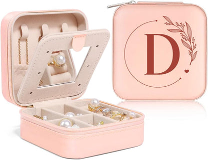 Personalized Jewelry Box, Pink Travel Jewelry Box with Initial M, Small Monogrammed Jewelry Case Organizer for Girls Women Teen Kids, Mini Travel Essentials Gifts for Birthday Christmas