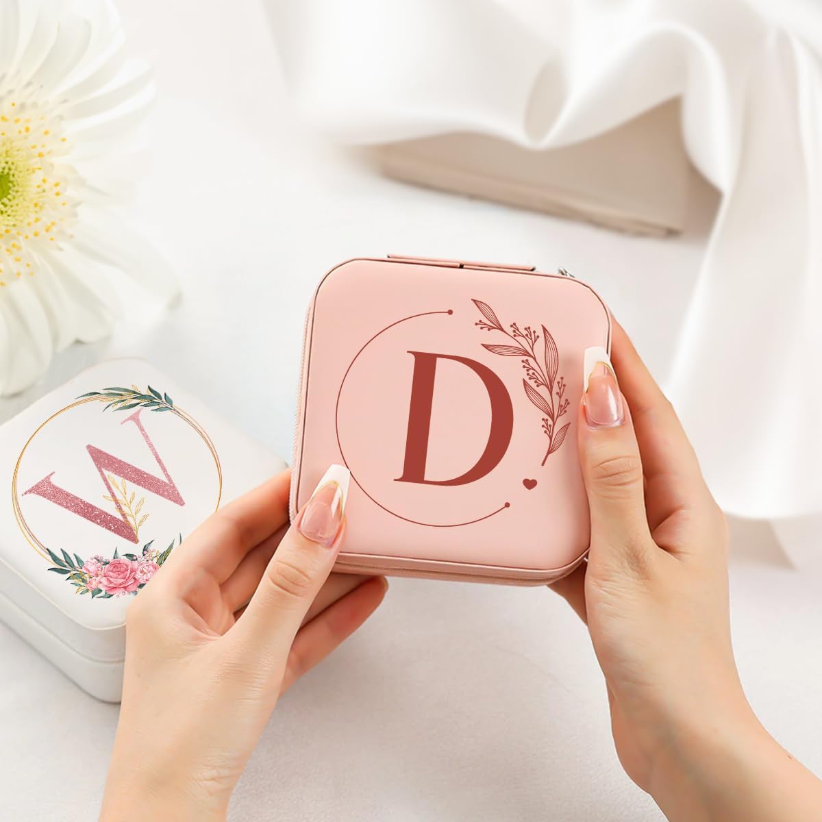 Personalized Jewelry Box, Pink Travel Jewelry Box with Initial M, Small Monogrammed Jewelry Case Organizer for Girls Women Teen Kids, Mini Travel Essentials Gifts for Birthday Christmas