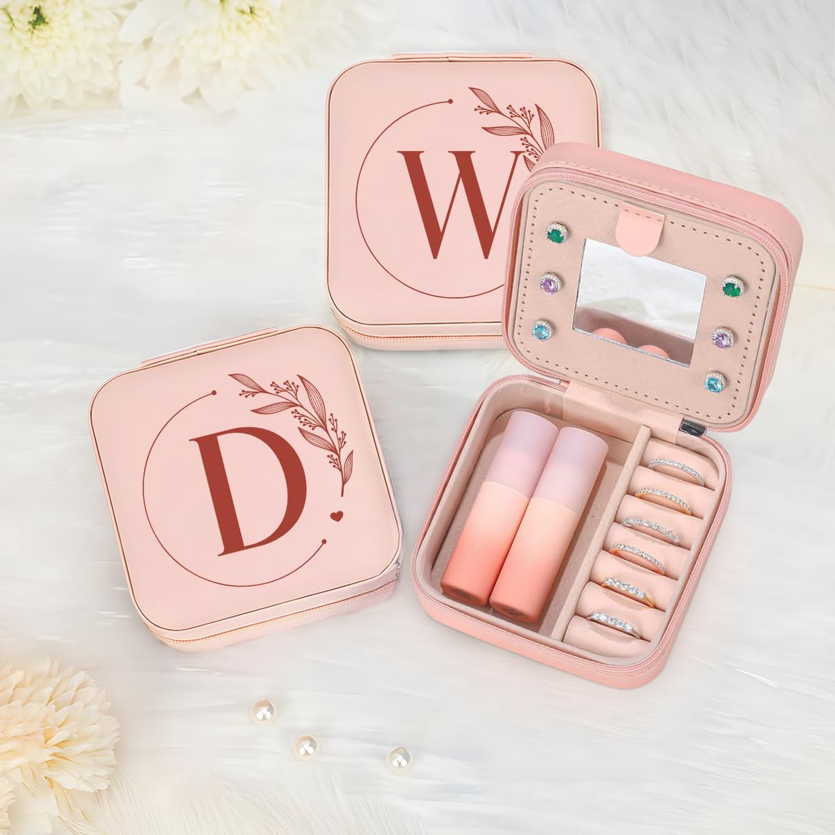 Personalized Jewelry Box, Pink Travel Jewelry Box with Initial M, Small Monogrammed Jewelry Case Organizer for Girls Women Teen Kids, Mini Travel Essentials Gifts for Birthday Christmas