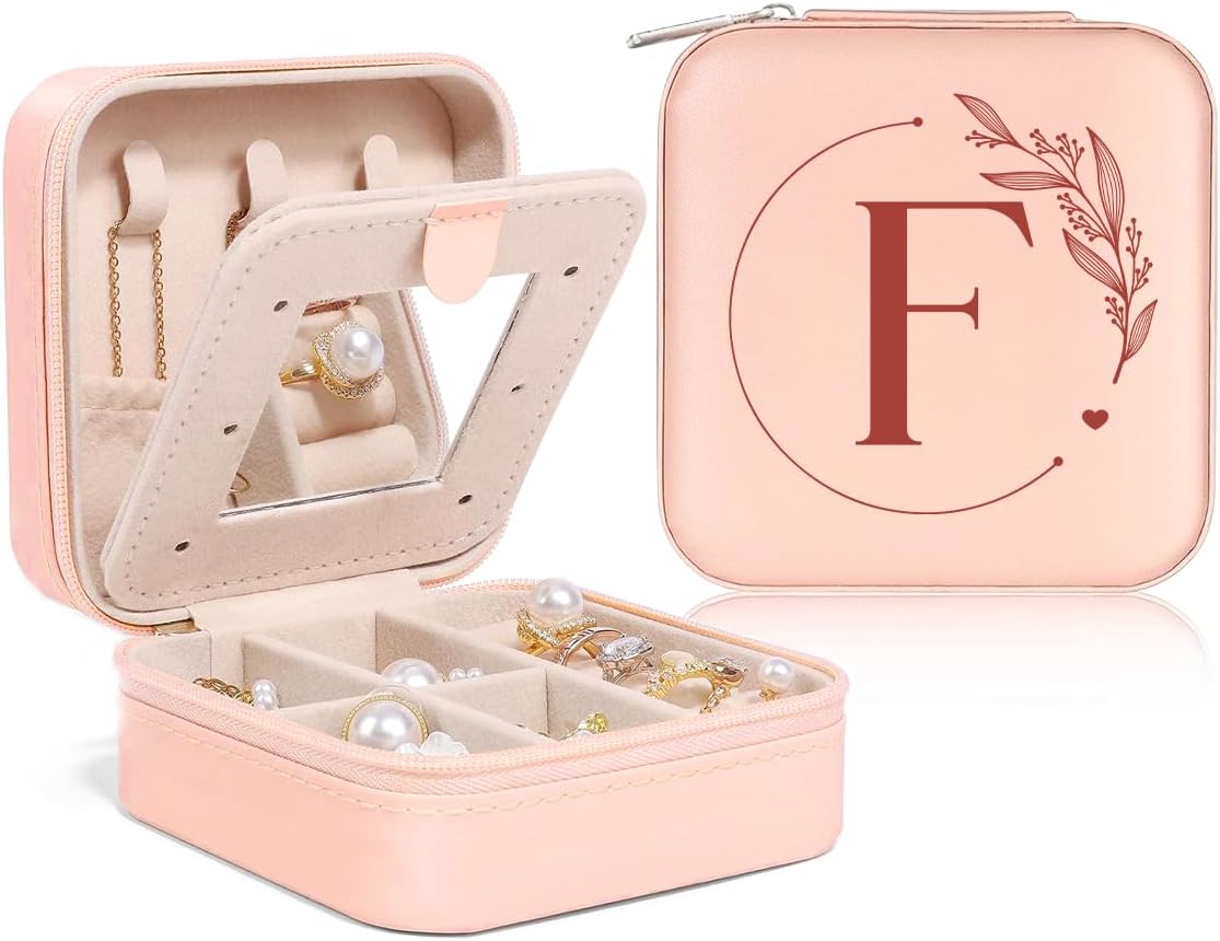 Personalized Jewelry Box, Pink Travel Jewelry Box with Initial M, Small Monogrammed Jewelry Case Organizer for Girls Women Teen Kids, Mini Travel Essentials Gifts for Birthday Christmas