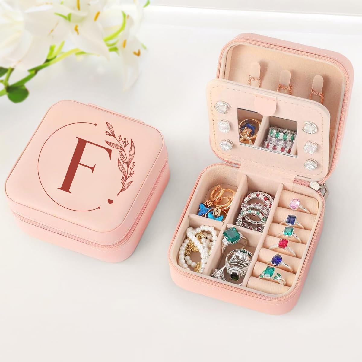 Personalized Jewelry Box, Pink Travel Jewelry Box with Initial M, Small Monogrammed Jewelry Case Organizer for Girls Women Teen Kids, Mini Travel Essentials Gifts for Birthday Christmas