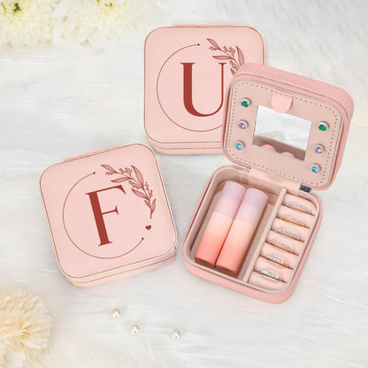 Personalized Jewelry Box, Pink Travel Jewelry Box with Initial M, Small Monogrammed Jewelry Case Organizer for Girls Women Teen Kids, Mini Travel Essentials Gifts for Birthday Christmas