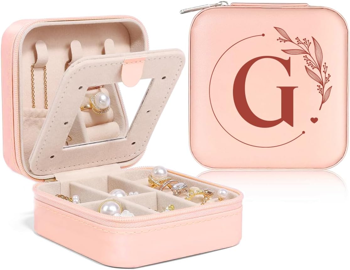 Personalized Jewelry Box, Pink Travel Jewelry Box with Initial M, Small Monogrammed Jewelry Case Organizer for Girls Women Teen Kids, Mini Travel Essentials Gifts for Birthday Christmas