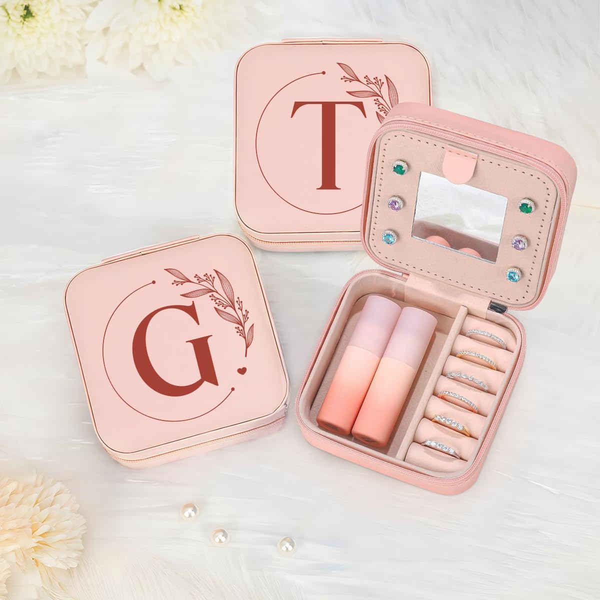 Personalized Jewelry Box, Pink Travel Jewelry Box with Initial M, Small Monogrammed Jewelry Case Organizer for Girls Women Teen Kids, Mini Travel Essentials Gifts for Birthday Christmas