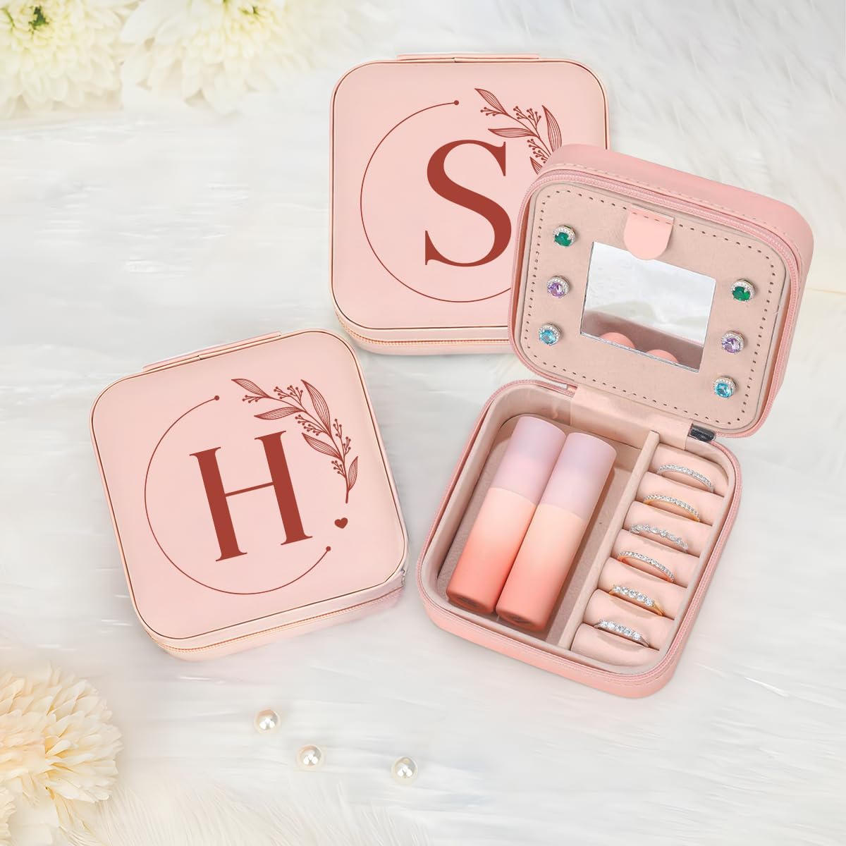 Personalized Jewelry Box, Pink Travel Jewelry Box with Initial M, Small Monogrammed Jewelry Case Organizer for Girls Women Teen Kids, Mini Travel Essentials Gifts for Birthday Christmas