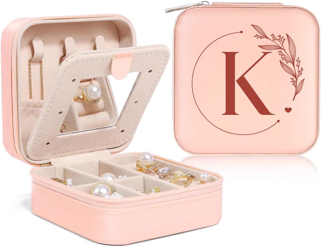 Personalized Jewelry Box, Pink Travel Jewelry Box with Initial M, Small Monogrammed Jewelry Case Organizer for Girls Women Teen Kids, Mini Travel Essentials Gifts for Birthday Christmas