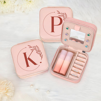 Personalized Jewelry Box, Pink Travel Jewelry Box with Initial M, Small Monogrammed Jewelry Case Organizer for Girls Women Teen Kids, Mini Travel Essentials Gifts for Birthday Christmas